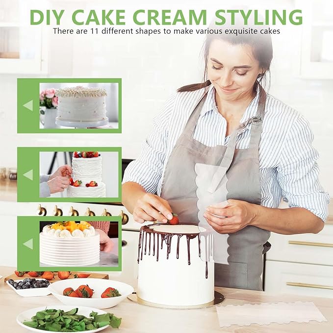 SenseYo 7 Pcs Acrylic Cake Scraper 9.5 Inch Large Icing Cream Frosting Smoother Comb Double Sided Patterned Edge Stripe for Cake Decorating Mousse Butter Baking Projects