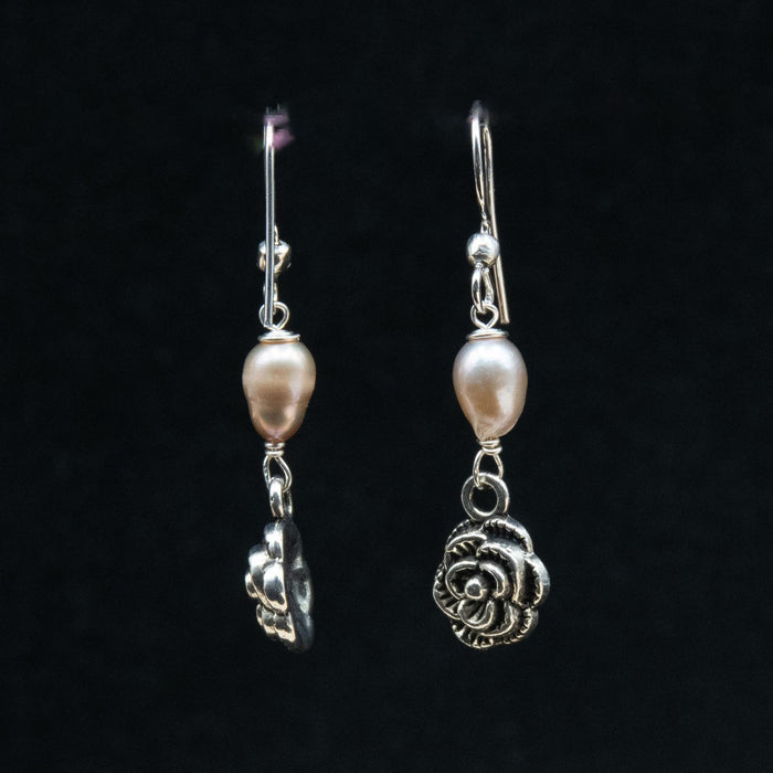Silver Rose with Freshwater Pearl Dangle Earrings
