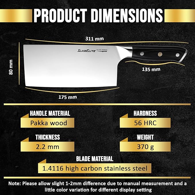 SliceElite Slice Series 7 Inch Cleaver Knife, Pakkawood, Leather Sheath