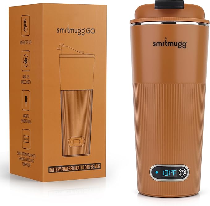 SmrtMugg GO Heated Coffee Mug, Travel Mug, 13.5 OZ. Smart Mug, Battery Powered Heated Coffee Mug, Great for Coffee and Tea, Snap on Magnetic Charging Cord, New and Improved (Pumpkin Spice)
