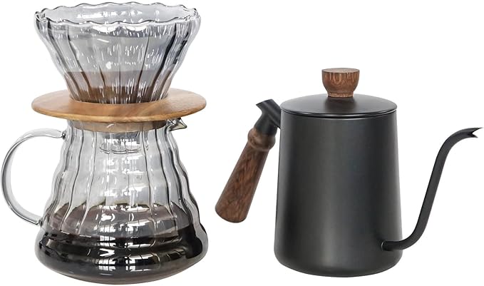 SOTECH Pour Over Coffee Maker Set with Black Gooseneck Kettle Wooden Storage Tray Coffee Dripper Glass Server Coffee Scoop DIY Manual Coffee Maker Set (Portable Sack Set) (coffee maker set)