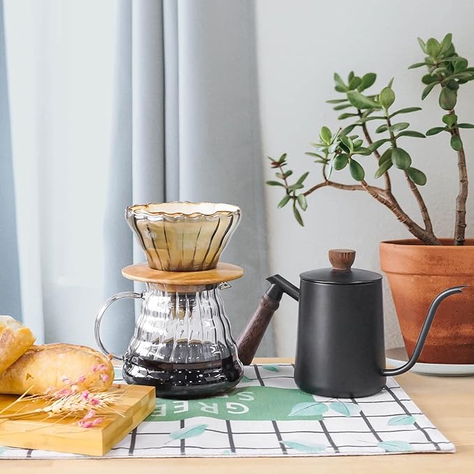 SOTECH Pour Over Coffee Maker Set with Black Gooseneck Kettle Wooden Storage Tray Coffee Dripper Glass Server Coffee Scoop DIY Manual Coffee Maker Set (Portable Sack Set) (coffee maker set)