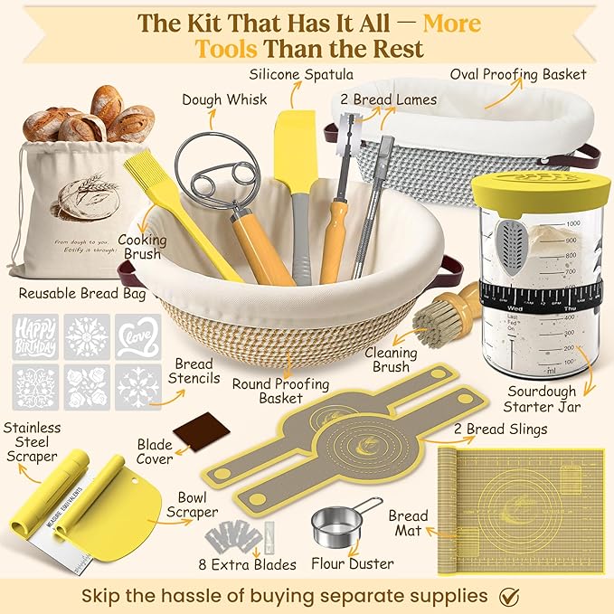 Sourdough Starter Kit with Cotton Rope Banneton Basket & Jar for Beginners