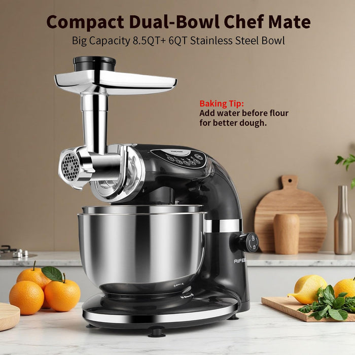 Stand Mixer, 8.5QT+ 6QT Two Stainless Steel Bowls Electric Food Mixer Black