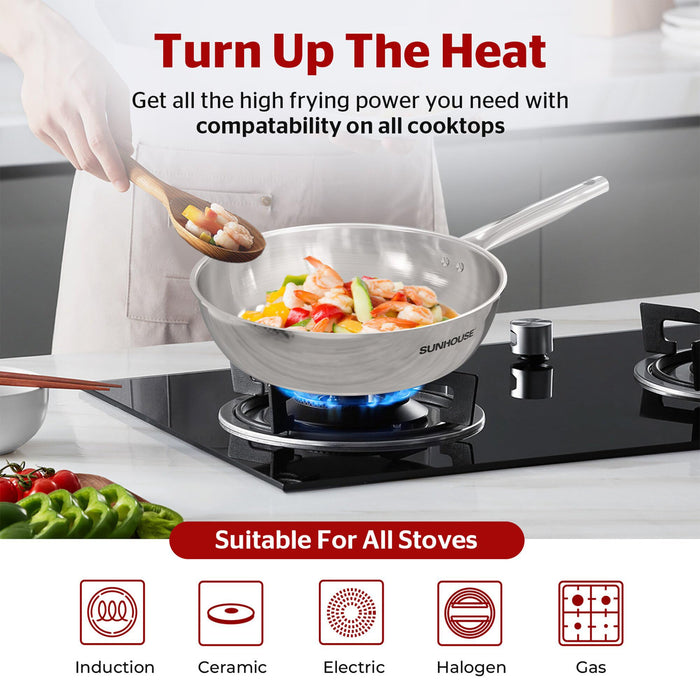 Sunhouse 10 Inch Tri-Ply Stainless Steel Frying Pan, Nonstick Cooking Pans
