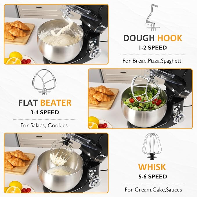 Sunvivi 6-in-1 Multifunctional Stand Mixer, 6.5QT Tilt-Head Dough Mixer, Electric Stand Mixer with Stainless Steel Bowl for Cake, Bread, and Dough, with Meat Grinder, Juice Blender & Pasta Maker
