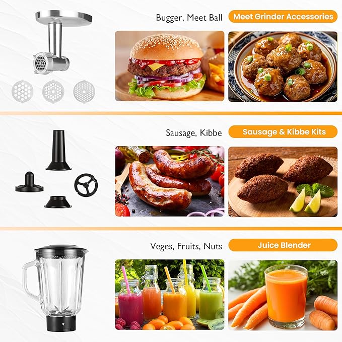 Sunvivi 6-in-1 Multifunctional Stand Mixer, 6.5QT Tilt-Head Dough Mixer, Electric Stand Mixer with Stainless Steel Bowl for Cake, Bread, and Dough, with Meat Grinder, Juice Blender & Pasta Maker
