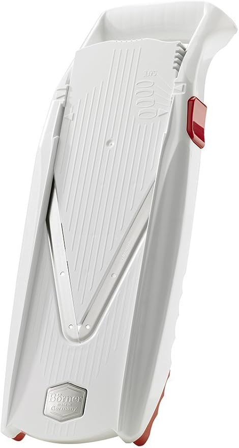 Swissmar Börner VPower V-Slicer Mandoline – Professional Kitchen Tool with Adjustable Thickness – Precision Food Slicer for Vegetables, Julienne, Shredding – Includes Safety Holder & Inserts - White
