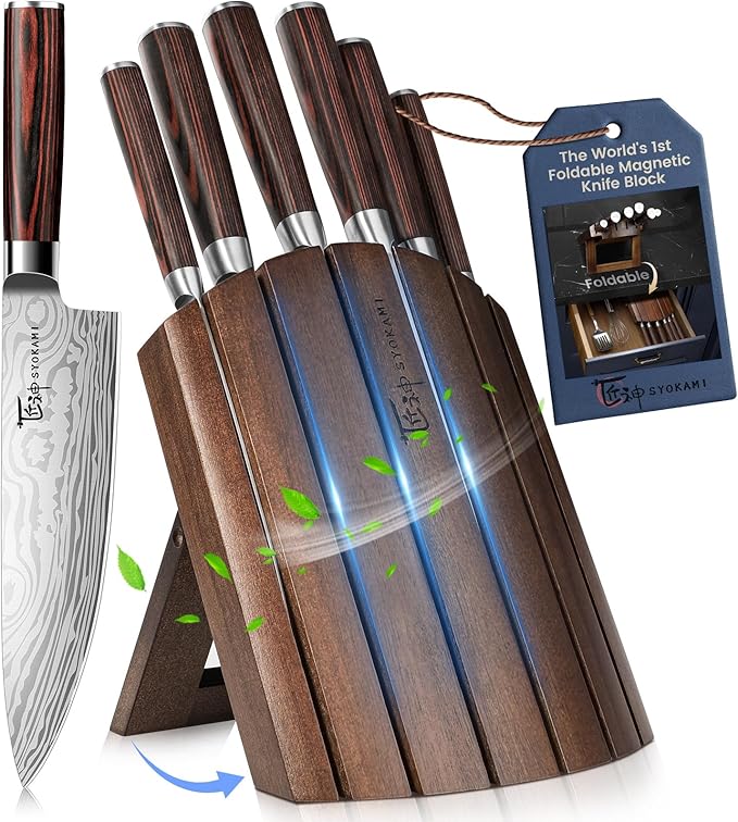 SYOKAMI 2026 Upgrade Kitchen Knife Set, Foldable Magnetic Acacia Wood Block