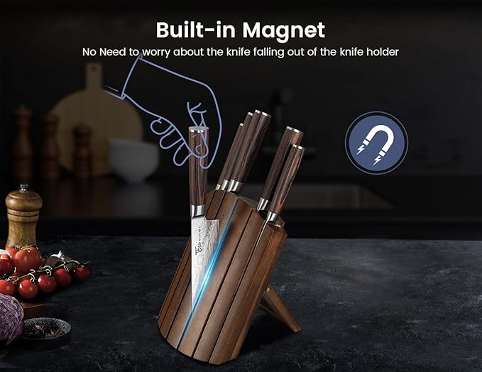 SYOKAMI 2026 Upgrade Kitchen Knife Set, Foldable Magnetic Acacia Wood Block