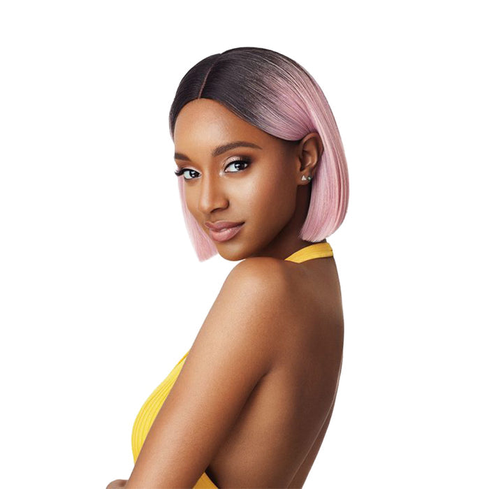 OUTRE synthetic lace part wig short sleek center part bob with black roots fading to pastel pink