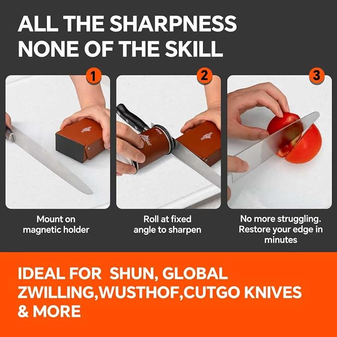 The Innovative Knife Sharpener - Patented Multi-Angle Premium Rolling Knife Sharpener with Extra Replacement Head for Chef's, Fruit, and All Steel Knives (Brown)