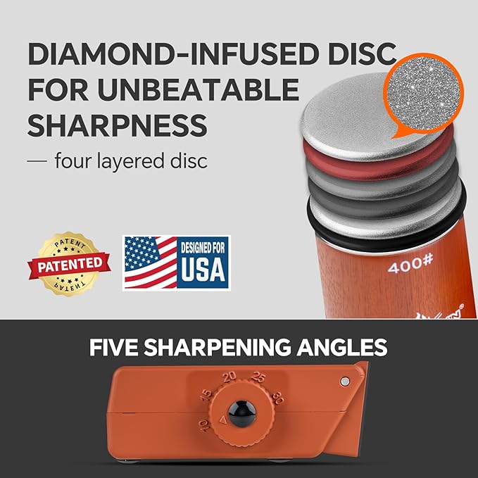 The Innovative Knife Sharpener - Patented Multi-Angle Premium Rolling Knife Sharpener with Extra Replacement Head for Chef's, Fruit, and All Steel Knives (Brown)