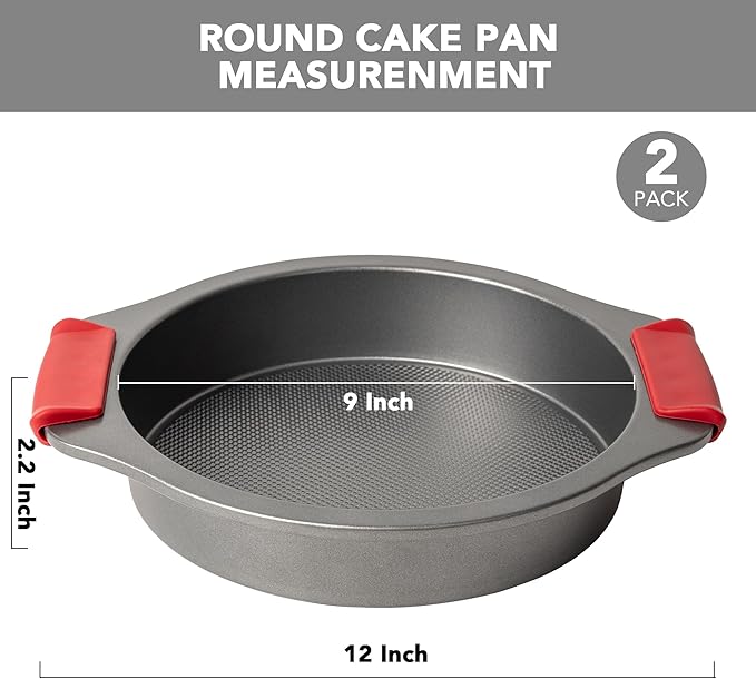 Tiawudi 9" Round Cake Pan Set of 2, 0.8mm Thick Heavy Duty Bakeware for Tiered & Layered Cakes, Nonstick Baking Pan with Diamond Texture for Even Heating, Cake Mold with Silicone Grip Handles