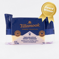 Tillamook English-style sweet cheddar cheese package with an award badge on a white background