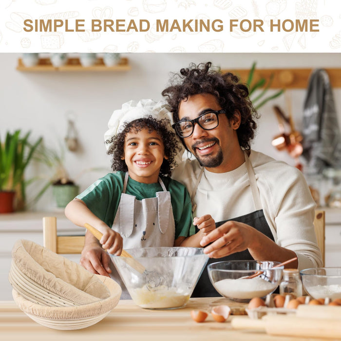 TNELTUEB Bread Proofing Basket Set, Incl 10'' Round & 9.6'' Oval Rattan Banneton, Dough Whisk, Scraper, Lame, Linen - Natural