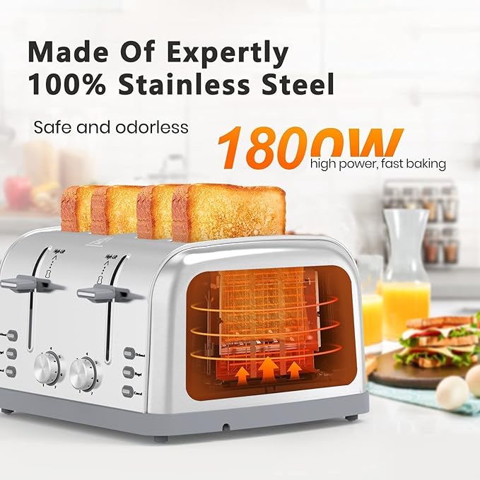 Toaster 4 Slice Retro Stainless Steel,Best Prime 4 Slice Toaster Wide Solt with 7 Shade Settings, Perfect for Waffles, Bagels and More Lainsten T-527