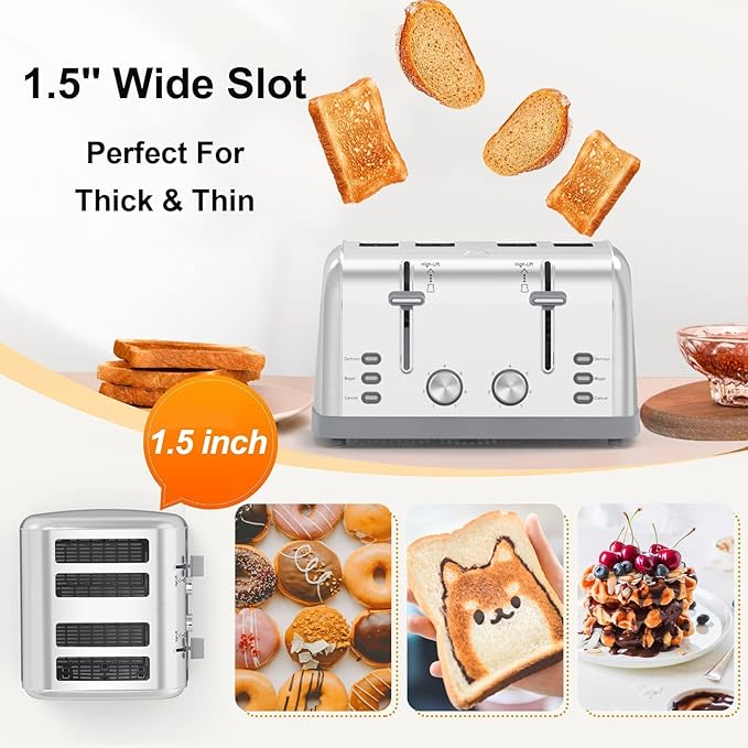 Toaster 4 Slice Retro Stainless Steel,Best Prime 4 Slice Toaster Wide Solt with 7 Shade Settings, Perfect for Waffles, Bagels and More Lainsten T-527