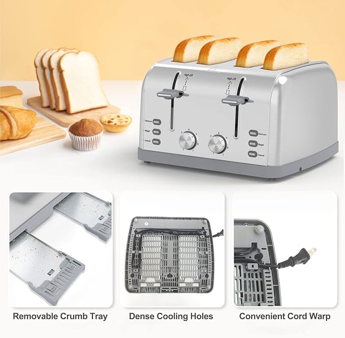 Toaster 4 Slice Retro Stainless Steel,Best Prime 4 Slice Toaster Wide Solt with 7 Shade Settings, Perfect for Waffles, Bagels and More Lainsten T-527