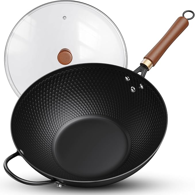 Todlabe Wok with Lid, 13 Inch Carbon Steel Woks & Stir-fry Pans Nonstick