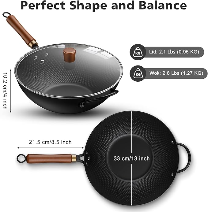 Todlabe Wok with Lid, 13 Inch Carbon Steel Woks & Stir-fry Pans Nonstick