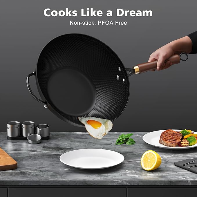 Todlabe Wok with Lid, 13 Inch Carbon Steel Woks & Stir-fry Pans Nonstick
