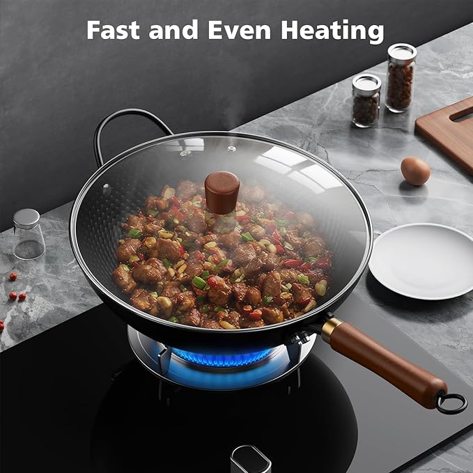 Todlabe Wok with Lid, 13 Inch Carbon Steel Woks & Stir-fry Pans Nonstick