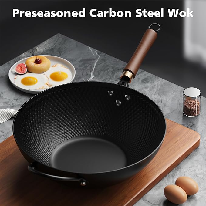 Todlabe Wok with Lid, 13 Inch Carbon Steel Woks & Stir-fry Pans Nonstick