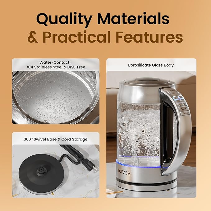 TOPZEE 1.7L Glass Electric Kettle for Coffee & Tea, Hot Water Boiler with 6 Preset Temperatures, Keep Warm and Memory Function, Auto Shut-off & Dry Boil Protection, BPA Free, Rapid Boil, 1500W, Silver