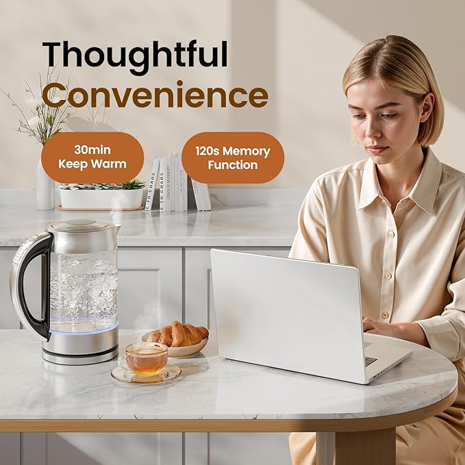 TOPZEE 1.7L Glass Electric Kettle for Coffee & Tea, Hot Water Boiler with 6 Preset Temperatures, Keep Warm and Memory Function, Auto Shut-off & Dry Boil Protection, BPA Free, Rapid Boil, 1500W, Silver