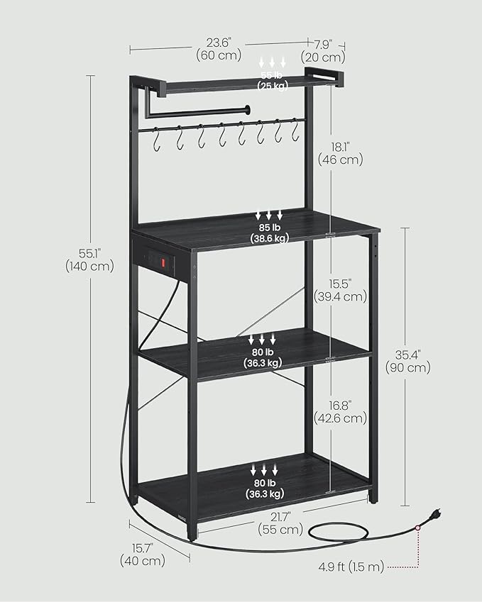 VASAGLE 4-Tier Kitchen Bakers Rack with Power Outlet, 23.6-Inch Wide