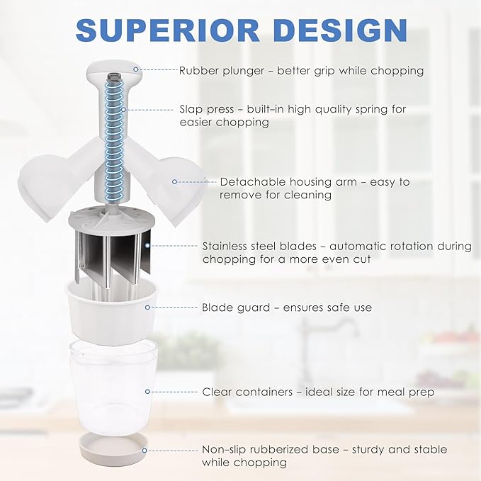 Vegetable Chopper, Food Chopper Manual Hand, Onion, Salad, Garlic, Nut & Veggie Cutter, Dishwasher Safe, White