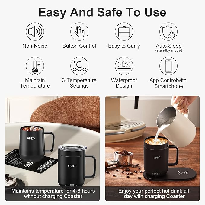 VFZO 16Oz Temperature Control Smart Mug, Self Heating Coffee Mug LED Display, 180 Min Battery Life - Hot up to 149℉ Fast Wireless Charger Base Improved Design (16oz, Orange)