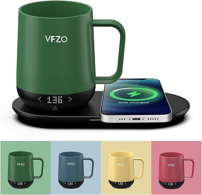 VFZO Temperature Control Smart Mug, Self Heating Coffee Mug LED Display, 180 Min Battery Life - Hot up to 149℉ Fast Wireless Charger Base Improved Design(12oz, Turquoise)