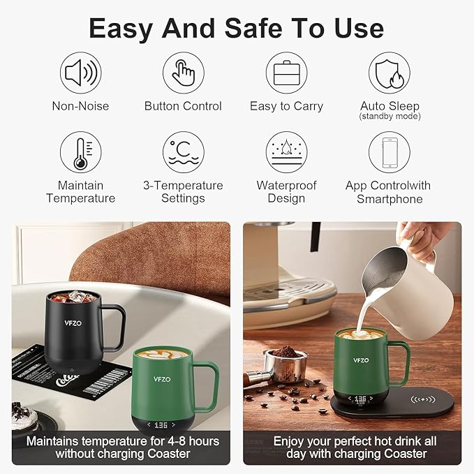 VFZO Temperature Control Smart Mug, Self Heating Coffee Mug LED Display, 180 Min Battery Life - Hot up to 149℉ Fast Wireless Charger Base Improved Design(12oz, Turquoise)