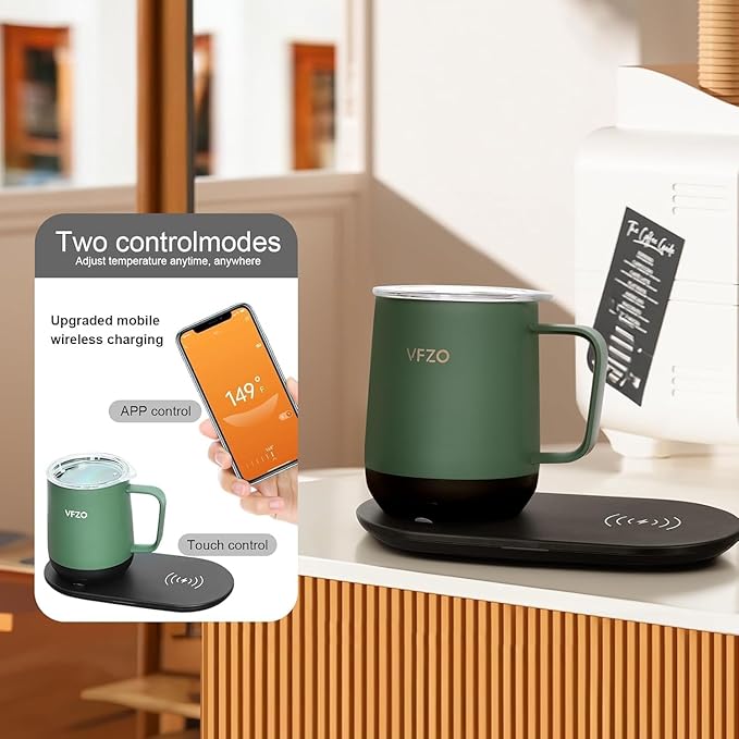 VFZO Temperature Control Smart Mug, Self Heating Coffee Mug LED Display, 180 Min Battery Life - Hot up to 149℉ Fast Wireless Charger Base Improved Design(12oz, Turquoise)