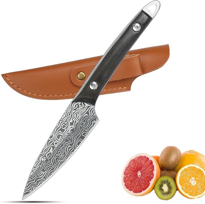 WILDMOK Fruit Knife Carving knives Stainless Steel 3.3 Inch Utility Knife Fruit and Vegetable Cutting Paring Kitchen Knife with Leather Case (B)