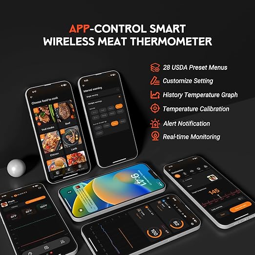 Wireless Meat Thermometer - 5G Wi-Fi and 5.4 Bluetooth Meat Thermometer Digital Wireless for Grilling and Smoking with IP67 Dual Probes and Backlight LCD Display for BBQ, Smoker, Oven, Grill
