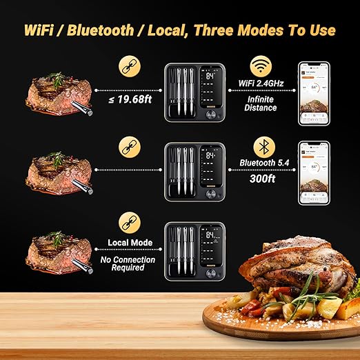 Wireless Meat Thermometer with 4 Probes, INKBIRD WiFi Meat Thermometer Digital Wireless for Rotisserie Grill Oven,Unlimited Range Dishwasher Waterproof Bluetooth Thermometer for iOS & Android