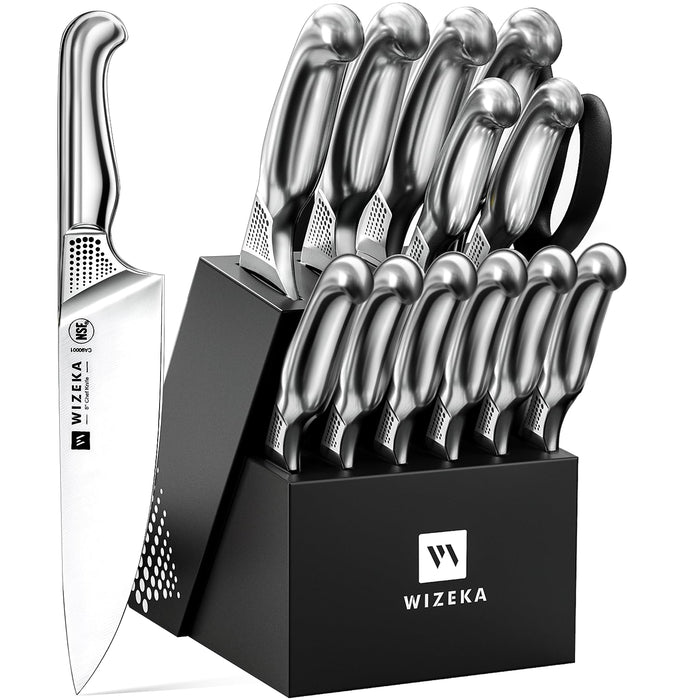 WIZEKA Kitchen Knife Set with Block and Sharpener German Steel 15 Piece