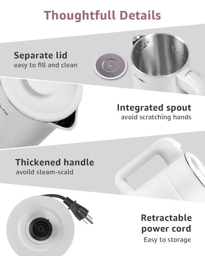 WTJMOV 0.6L Small Electric Tea Kettle Lightweight, 20 Ounce Double Wall Hot Water Boiler Stainless Steel Auto Shut-off, 120V Portable Travel Electric Kettle Fast Boil for Tea and Coffee,White