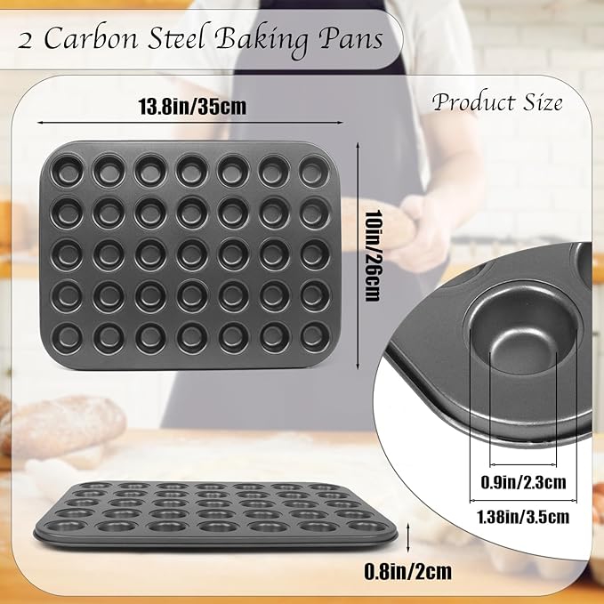 Wuqoioo Muffin Pan, 2 Pcs 35 Cup Cupcake Pan Muffin Tin Non Stick Muffin Pan Steel Mini Muffin Tin For Baking Cheesecake Tailgate Party Supplies, Dishwasher Safe, 13.8 X 10.4 X 0.8 Inches