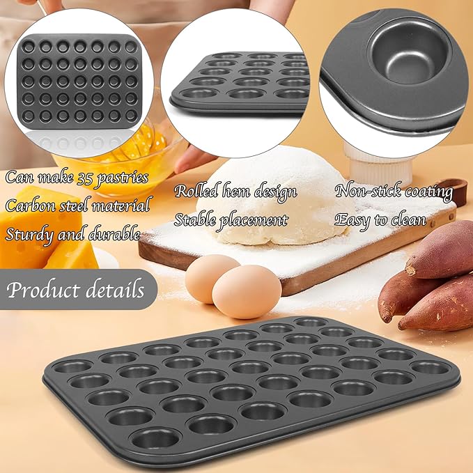 Wuqoioo Muffin Pan, 2 Pcs 35 Cup Cupcake Pan Muffin Tin Non Stick Muffin Pan Steel Mini Muffin Tin For Baking Cheesecake Tailgate Party Supplies, Dishwasher Safe, 13.8 X 10.4 X 0.8 Inches
