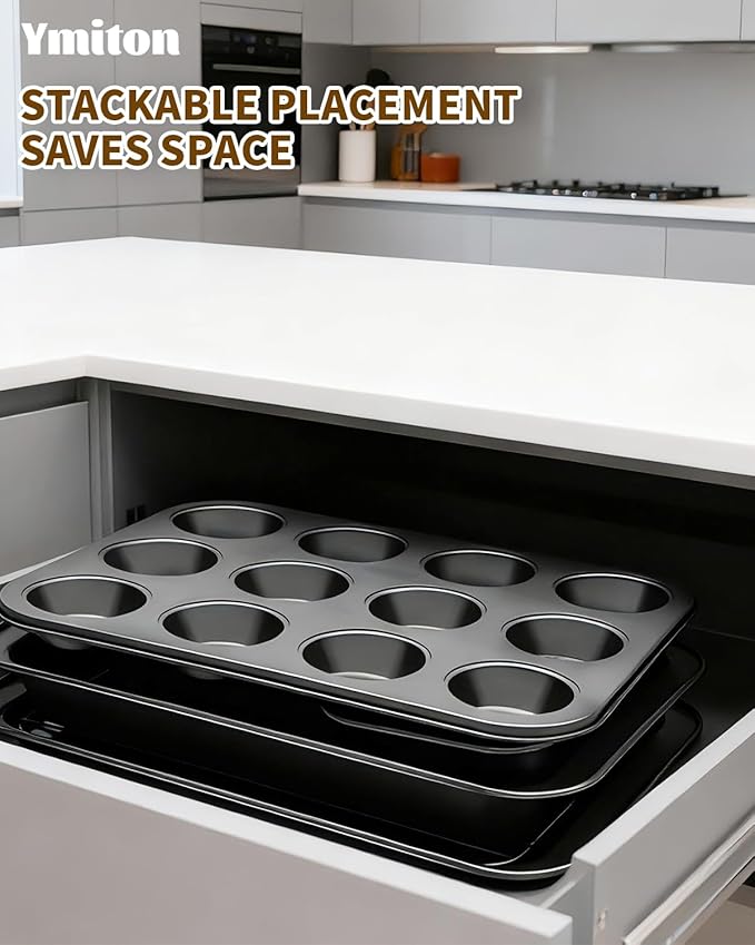 Ymiton Nonstick Baking Pans Set, 19 PCS Stackable Bakeware Sets, Oven Pan Set Includes Baking Tray, Cookie Sheet, Cake Pans, Loaf Pan, Muffin Pan, Silicone Cups