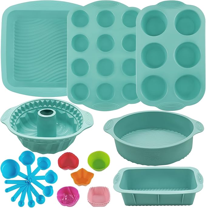 Yumatouch 32 Pieces Silicone Baking Pans Set, Nonstick Bakeware Set for Kitchen Oven, Silicone Cake Molds, Round/Square Cake Pan, Baking Sheet, Loaf Pan, Donut Muffin Pans