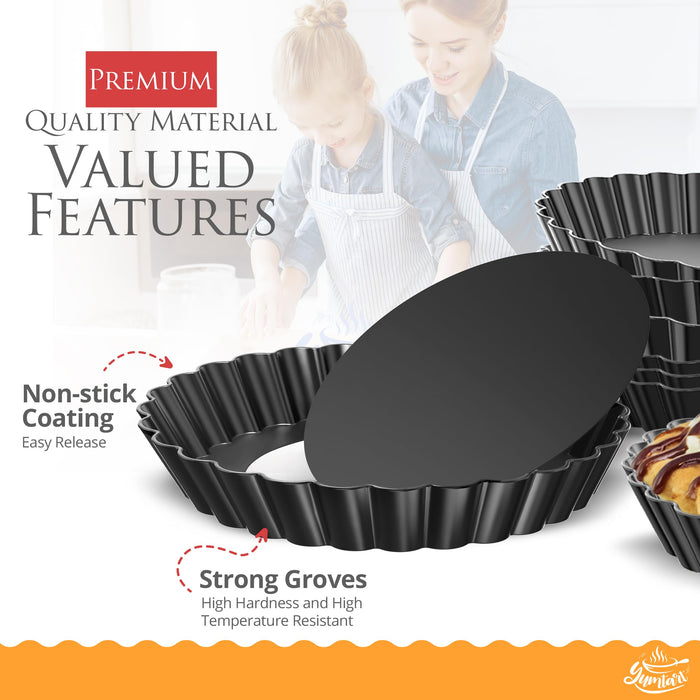 YUMTART 4 Inch Round Tart Pan 8 Pieces, False Bottom Pie Pan, Deep Fluted Tart and Quiche Pan with Removable Bottom - Non-Stick Tart Pan