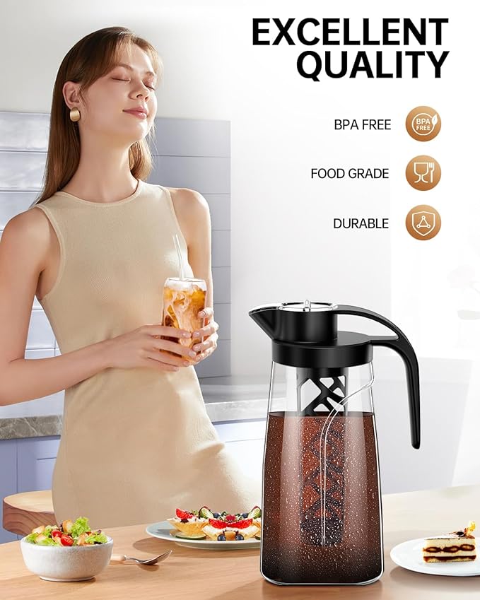 YURICK Cold Brew Coffee Maker, 70 oz (2100 ml) BPA Free Tritan Pitcher, Iced Coffee Maker and Tea Brewer, 100% Leak-Proof, Easy to Clean Reusable Mesh Filter, Black