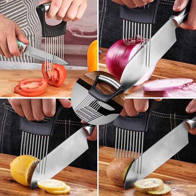 Zemcxney Stainless Steel Onion Holder for Slicing, Lemon Slicer Onion Cutter, Vegetable Cutter for Potato and Tomato, Avocados, Eggs, Food Slicer Assistant Tool for Fruit and Meat