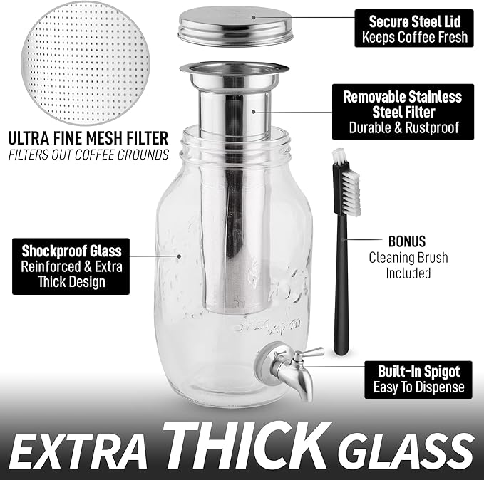 Zulay Kitchen 1.5 Liter Cold Brew Coffee Maker with EXTRA-THICK Glass Carafe & Stainless Steel Mesh Filter - Premium Iced Coffee Maker, Cold Brew Pitcher & Tea Infuser